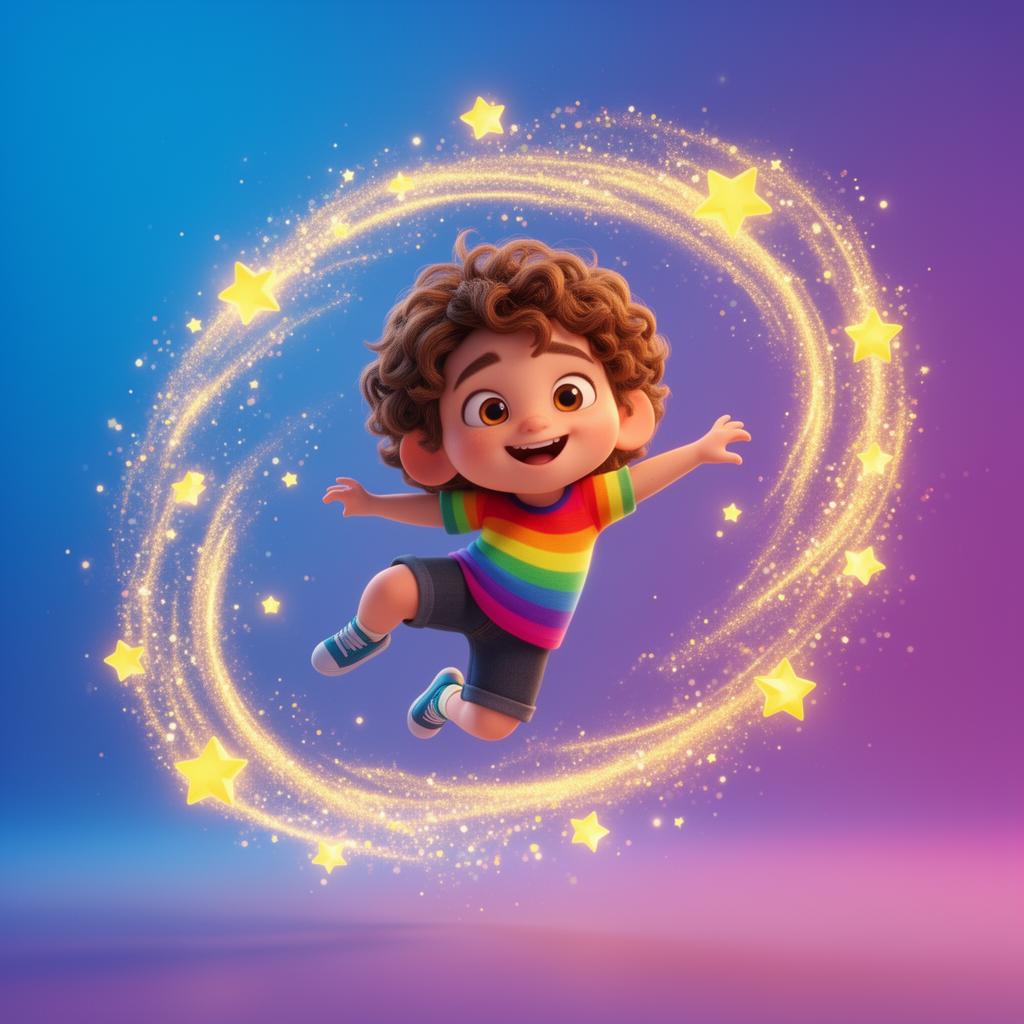 Kid doing a cartwheel surrounded by stars